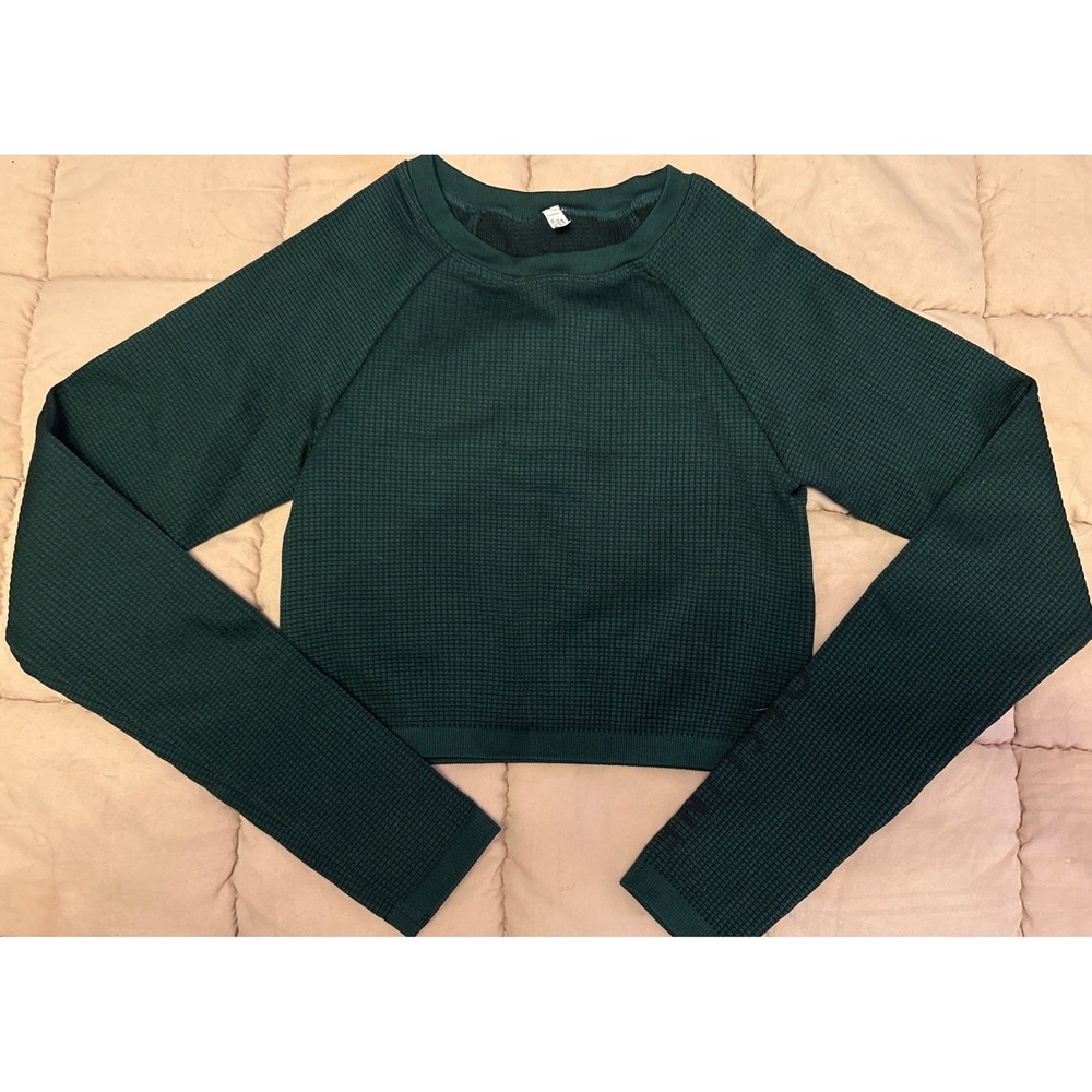Aerie Womens Dark Green Waffle Knit Crop Top Long Sleeve Fitted Small